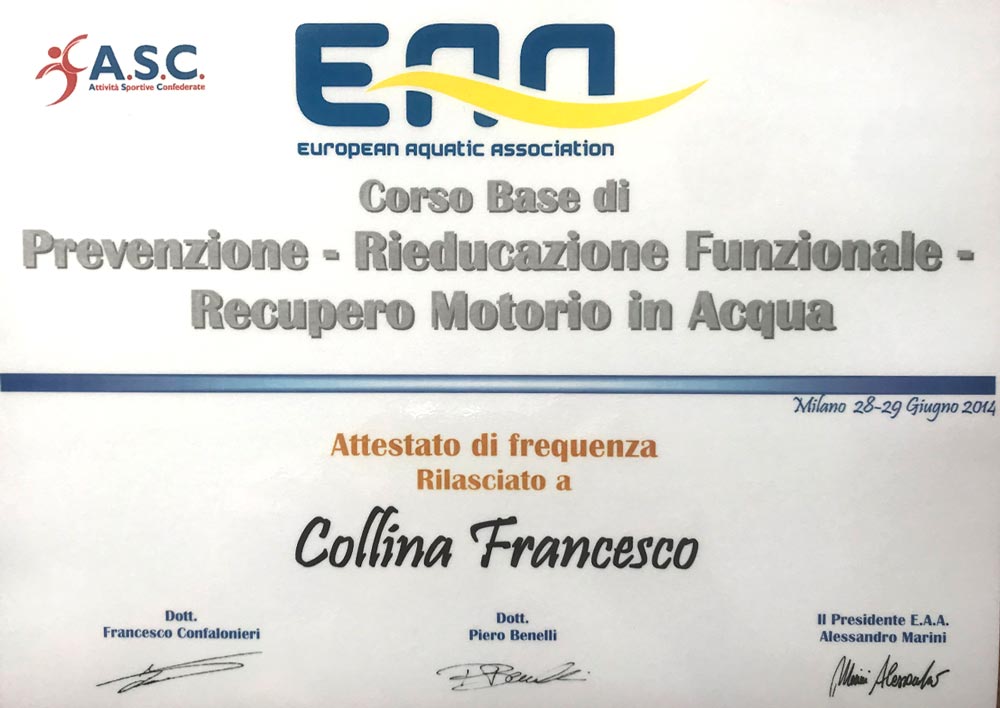 Attestato Francesco Collina Corso di prevenzione rieducazione funzionale recupero motorio in acqua