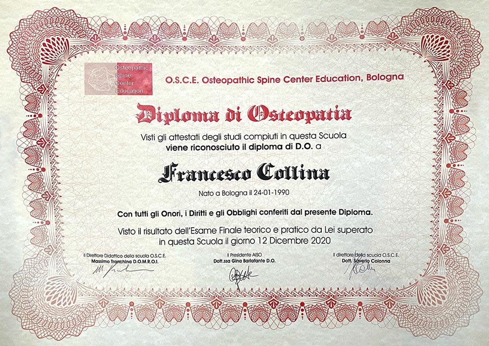 Diploma Osteopatia Francesco Collina